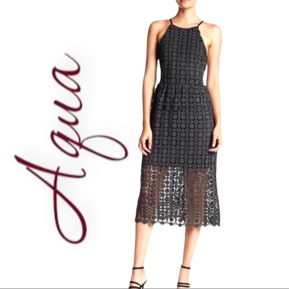 AQUA (Bloomingdales) Olive Green Semi Sheer Lace Open Back Halter Dress, Size S - Picture 1 of 10